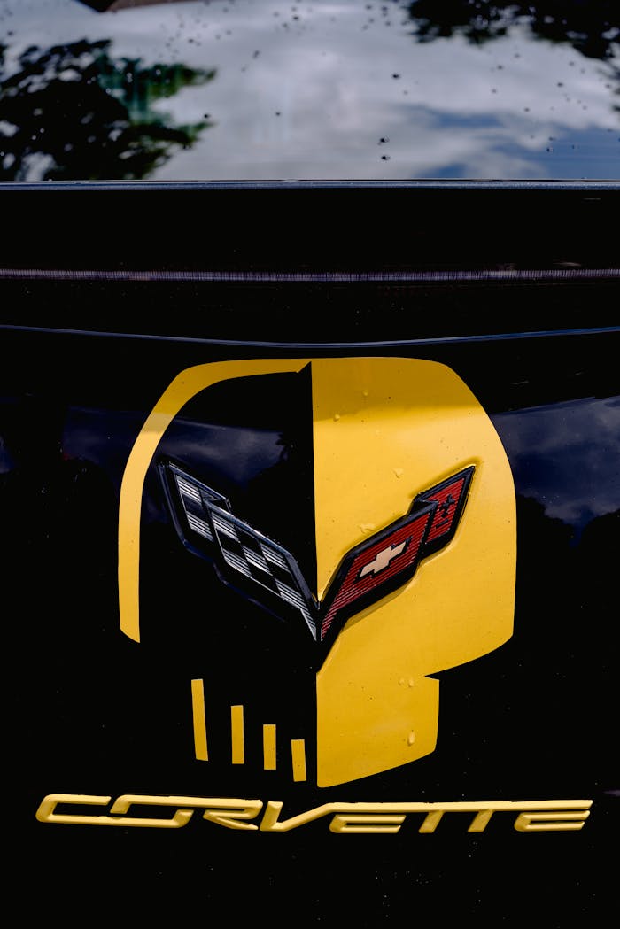 Logotype on bumper of modern black shiny sports car parked on street on rainy day